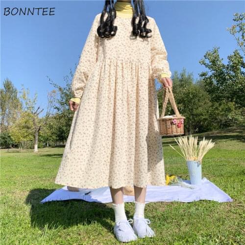 Dress Women Loose Student Floral Lovely Long Sleeve O-Neck Korean Style Sweet Stylish Leisure College Autumn Daily Elegant Chic