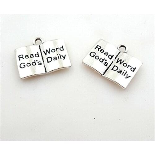 RONGQING 100pcs/pack 50pcs/pack 20pcs/pack book 20*10MM Antique Silver Letter Charms Read word Goids Daily For DIY necklace