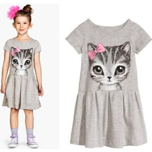 Hooyi Grey Girl Dress Summer kids dresses Cotton Children clothes Cat Baby Clothing blouse Short Sleeve Jumpers