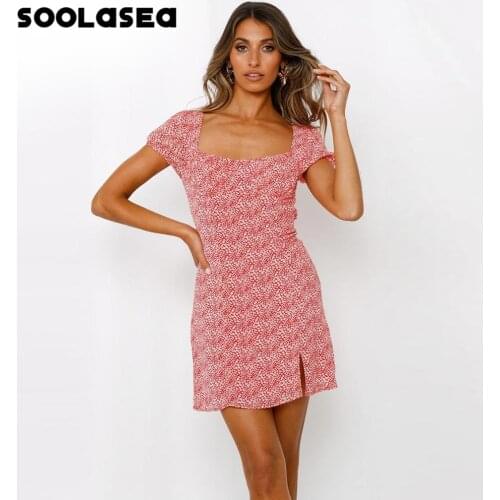 Soolasea 2021 Summer Elegant Women Dress Square Collar Floral Print Mini Dress Short Sleeve Backless Split Party Dress Vestidos