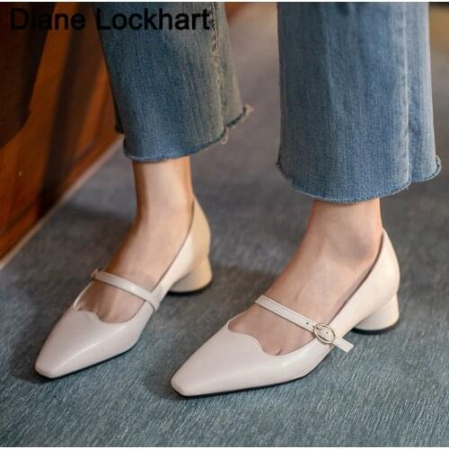 2021 new Square Heel Adult Mary Janes Large Size 31-48 Lolita Shoes White Women Pumps Work Office Beige Comfortable Casual shoes