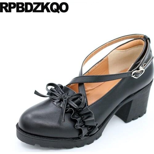 Mary Jane Black Ladies 2019 High Heels Platform Lolita Shoes Big Size Pumps Cross Strap Wine Red Thick Medium Bow Round Toe Cute