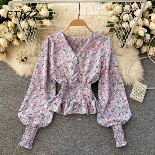 New Women French Retro Sweet Floral Blouse Spring Autumn Sexy V-neck Puff Sleeve Elastic Elastic Shirts Lady Elegant Tops Mujer