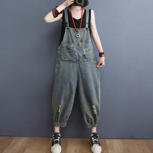 Johnature Denim Women Rompers Cotton Print Floral Pocket Button Nine Pants Braces Trousers2021 Summer New Braces Trousers