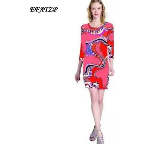 2015 Autumn Runway Womens High Quality 3/4 Sleeve Charming Geometric Print Luxurious Brands Jersey Silk Stretchable Dress