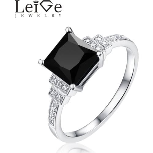 Leige Jewelry Black Spinel Ring Natural Square Cut Prong Setting 925 Sterling Silver Dinner Rings for Women Anniversary Gift