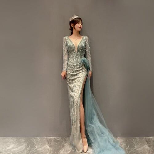 Celebrity mermaid Open group dresses v-neck Beaded Evening Dresses 2021 New style Formal dress Light luxury