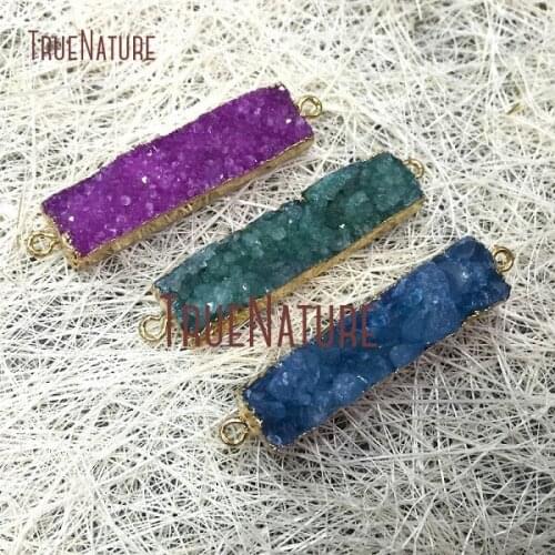10Pcs Random Color Druzy Crystal Connector Gold Plating Rectangle Double Bail Pendant Approx 40x10mm PC1034