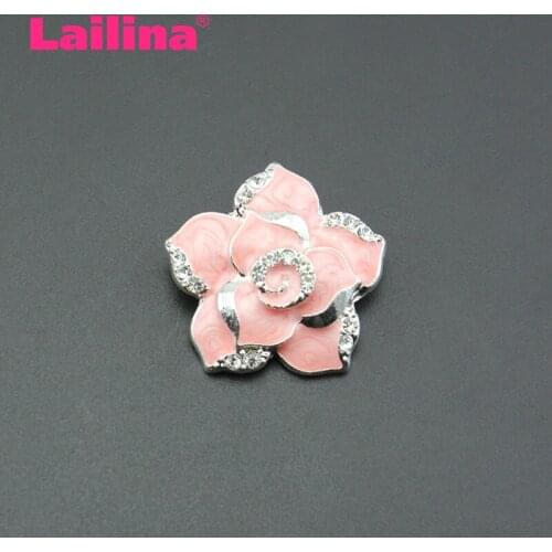 20pcs/lot Pink Enamel Rose Button Clear Crystal Rhinestone Flower Sewing Button