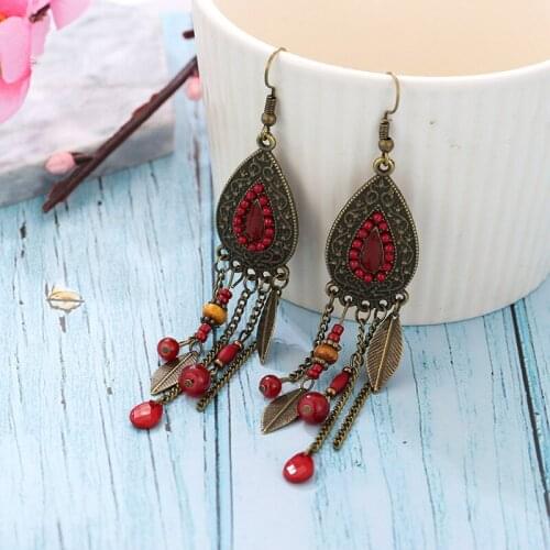 Bohemian Retro Ethnic Style Rice Beads Chain Tassel Earrings Female Water Long Droplets Alloy Leaves Earring Fasion Jewellery
