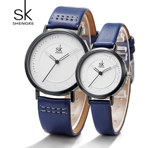 Shengke Watch Quartz Mens Ladies Wrist Watches Analog Blue Fashion Simple Leather Strap Valentine Love Birthday Gift Couple