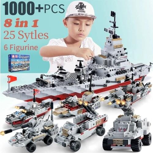 1000+ PCS Military Warship Navy Aircraft Army Figures Building Blocks Army Warship Construction Bricks Children Toys