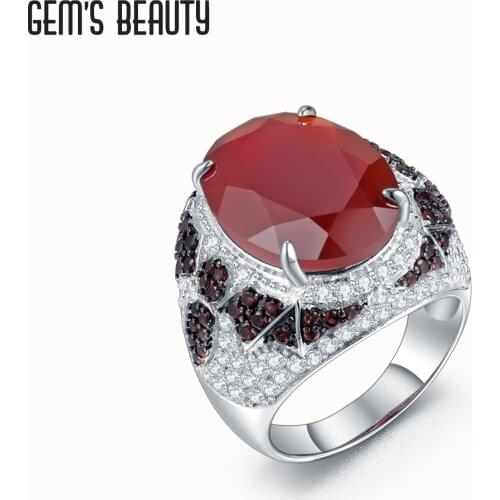 GEMS BEAUTY 925 Sterling Silver Vintage Mens Rings Oval Natural Red Agate Rings for Male Women Jewelry Anniversary Gift
