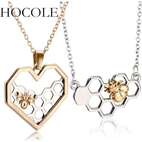 HOCOLE Hollow Honeycomb Bee Heart Pendant Necklaces For Women Gold Silver Color Animal Choker Necklace Fashion Wedding Jewelry