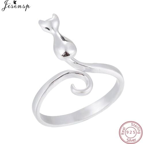 Jisensp Fashion Charm 100% 925 Sterling Silver Long Tail Cat Finger Rings for Women Girl Adjustable Engagement Ring Jewelry Gift