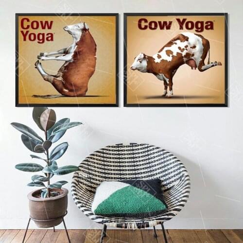 Cow Yoga Funny Cartoon Canvas Painting Nordic Style Kids Room Decor Animals Wall Art Picture Nursery Baby Room Posters and Print