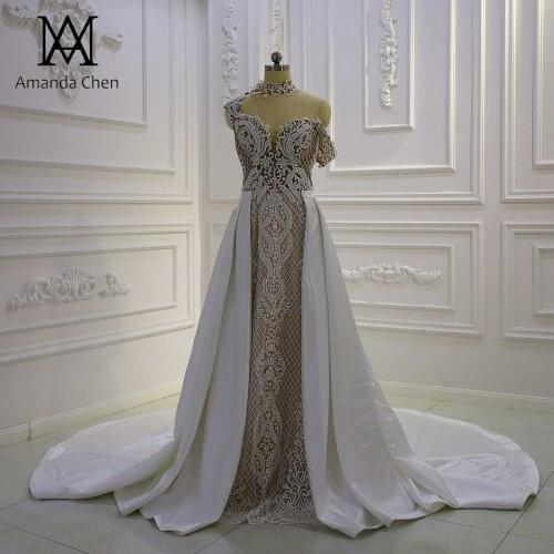 Halter One Shoulder Lace Wedding dress with Removable Skirt