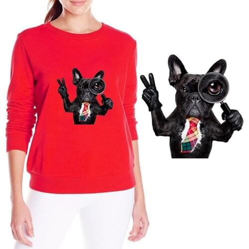 Magnifier Bulldog Ironing on Heat Transfer Printing Patches Stickers for Clothes DIY Appliques Washable Animal Patches Wholesale