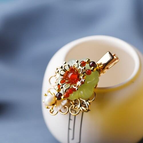 Fashion Original retro Chinese style light green flowers hair clips ethnic red hairpin for women and girl