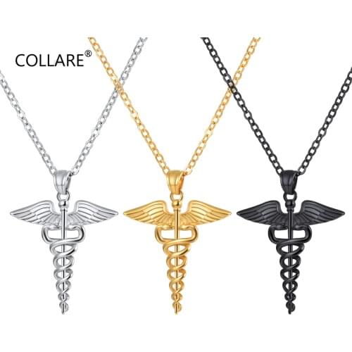 Collare Caduceus Pendant Men Gold/Black Color Medical Symbol 316L Stainless Steel Medical Jewelry Nursing Necklace Women P715