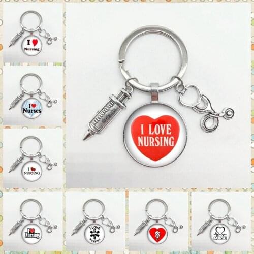 Popular New Medical Syringe Stethoscope Keychain I Love Nursing Round Glass Pendant Keychain Nurse Memorial Keychain Gift