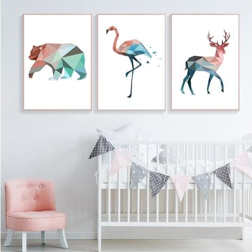 Nordic Pink and Blue Geometric Animals Posters Wall Art Canvas Paintings Deer Beer Crane Pictures Living Room Home Decor
