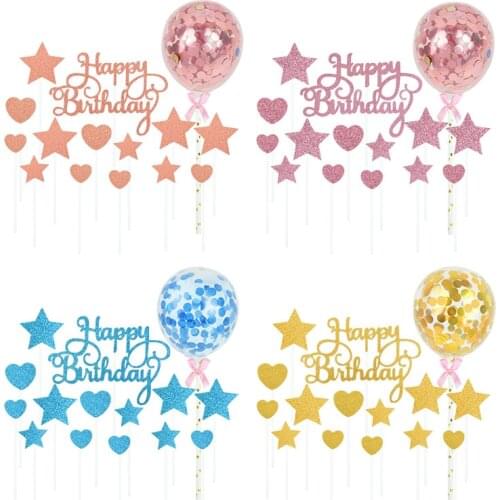 Happy Birthday Cake Toppers DIY Confetti Balloon Cake Decorating Cupcake Flag Adult Kids Birthday Decor Supplies