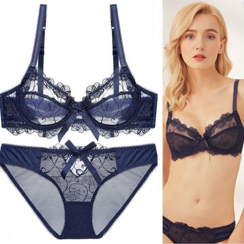 Sexy Lace Sheer See Through Lingerie Plus Size Pink Bra And Panty Set Comfortable Breathable Ultra-Thin Mesh Underwear Women Set