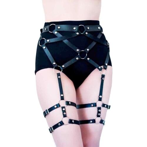 Sexy Lingerie Women PU Leather Leg Harness Caged Waist Belts with Garter Belt for Hot Pants Trousers