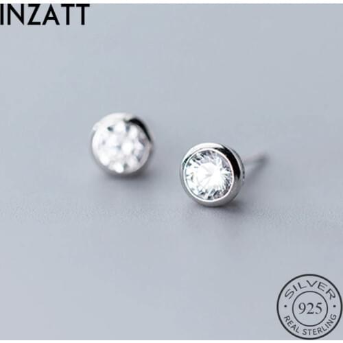 INZATT Real 925 Sterling Silver Zircon Round Stud Earrings For Fashion Women Party Minimalist Fine Jewelry Cute Accessories Gift