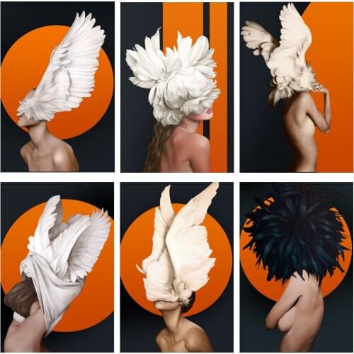 Nordic Feathers Woman Abstract Art Canvas Painting Wall Art Prints Posters Wall Pictures for Living Room Home Wall Cuadros Decor