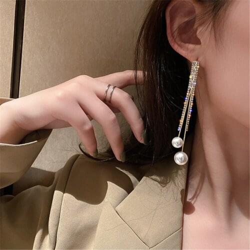 Temperament Long Tassel Crystal Drop Earrings for Women Pearl Rhinestone Dangle Earrings Wedding Jewelry Party Gifts