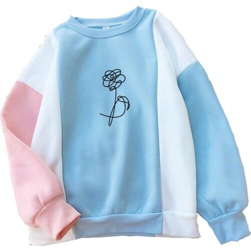 Bangtan Boys Hoodies Women Korean Kpop LOVE YOURSELF Floral Print Sweatshirt Tops Casual Fleece Colorblock Spliced Fans Clothing