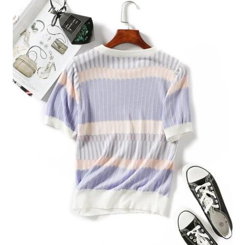 GGRIGHT Thin Knitted T Shirt Women Striped Tshirt Cotton 2020 Korean T-Shirt Woman Clothes Tee Shirt Femme Camisetas Mujer