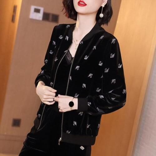 Casual Velvet Coats Womens Fashion Autumn Stand Neck Swan Print Loose Baseball Jackets Elegant Long Sleeve Zipper Black Outwear
