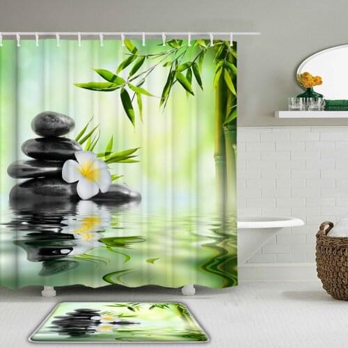 Green Plant Bamboo Zen Stone Bathroom Waterproof Shower Curtains Set Non-slip Mat Rug Toilet Bath Mat Polyester Shower Curtain