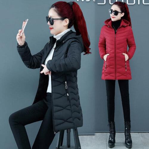 Women Winter Clothes Hooded Warm Coat Slim Basic Solid Color Cotton Padded Jacket Female Medium-long Jaqueta Feminina X693