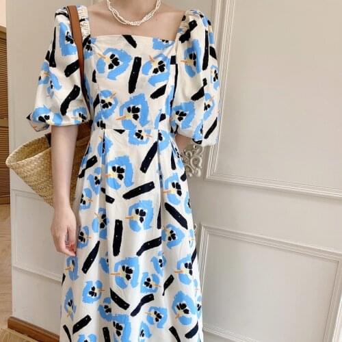 Korean Women Long Dress Summer Cotton Printed Square Neck Puff Sleeve Dresses French Office Lady Dress for Women Vestido 14530