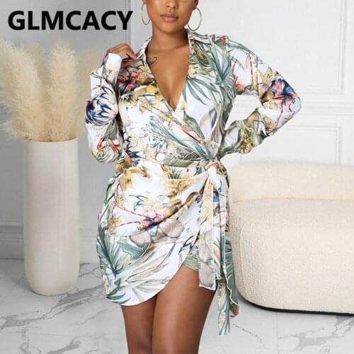 Women Long Sleeve Tropical Printed Bodycon Mini Dress