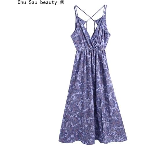 2021 Summer New Vintage Print V-Neck Sexy Backless Elastic Waist Tie Spaghetti Strap Split Long Dress For Women Vestido