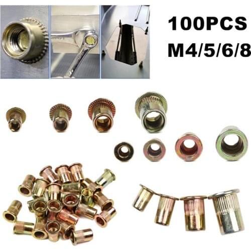 100PCS Mixed Carbon Steel Rivet Nut M4 M5 M6 M8 Nut Zinc Plated Flat Head Threaded Insert Nut Kit