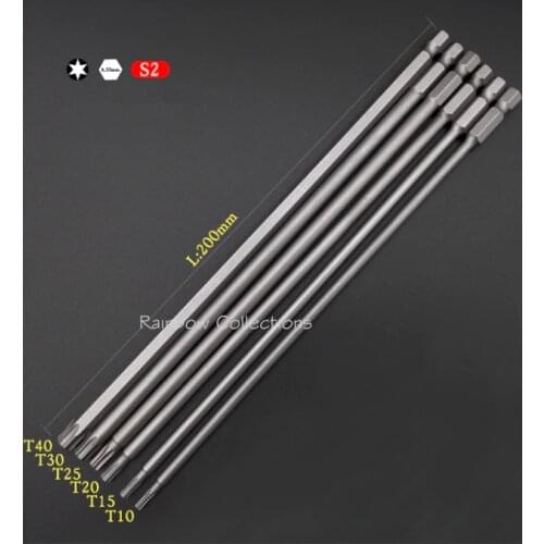 200mm Length S2 Screwdriver Bit TORX Bit Tools Magnetic Screwdriver Bit Air ToolsT10 T15 T20 T25 T30 T40,without holes