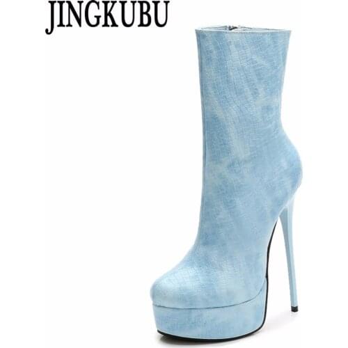 JINGKUBU 15CM Extreme High Heel Platform Zipper Round Toe Boots Thin Heels PU Leather Womens Party Dance Ankle Boots Size 36-46