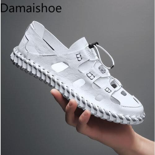 Mens Sandals 2021 Summer New Fashionable Sandals Closed Toe Casuals Hole Shoes Comfort Leather Sandals White Roman Beach Shoes