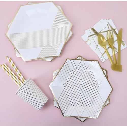 Gold Black Stripe Party Decorations Birthday Party Supplies Set Paper Straw Plate Cups kids Baby Shower Birthday Wedding Decor