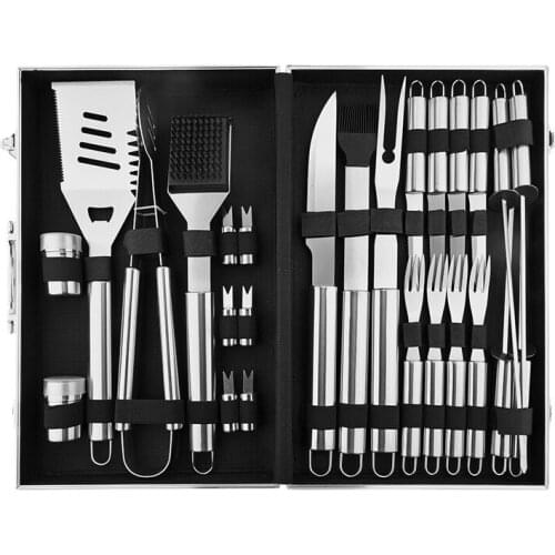 Stainless Steel BBQ Tools Set with case spatula fork tongs knife skewers Barbecue Grilling Utensil Camping Outdoor Cooking Tool