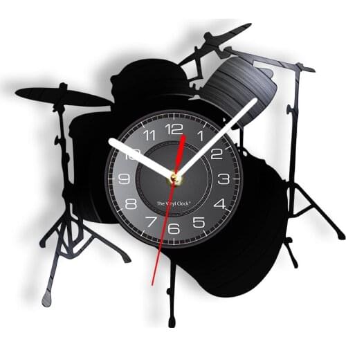 Drumset Laser Etched Vinyl Wall Clock Musical Instrument Poping Band Shadow Art Wall Watch Hanging Wall Decor Gifts For Drummers