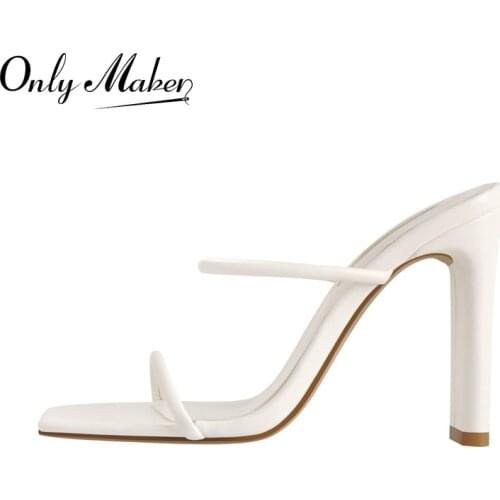Onlymaker Slip-on Shoes Square Open Toe Summer Women High Heels Matte White Narrow Band Comfortable Big Size Sandals