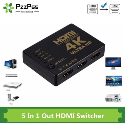 PzzPss 4K HDMI Switch 5 In 1 Out 3D 1080p 4k Selector Splitter Hub with IR Remote Controller for HDTV DVD BOX HDMI Switcher