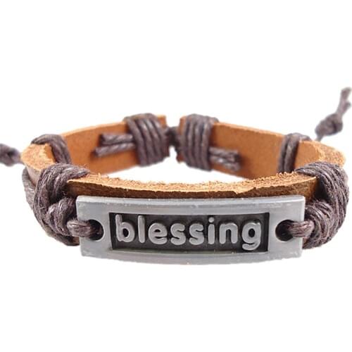 Punk Retail Wholesale Handmade Wrap Belt Hemp Rope Blessing Letters Charm Genuine Leather Women Men Bracelet Jewelry